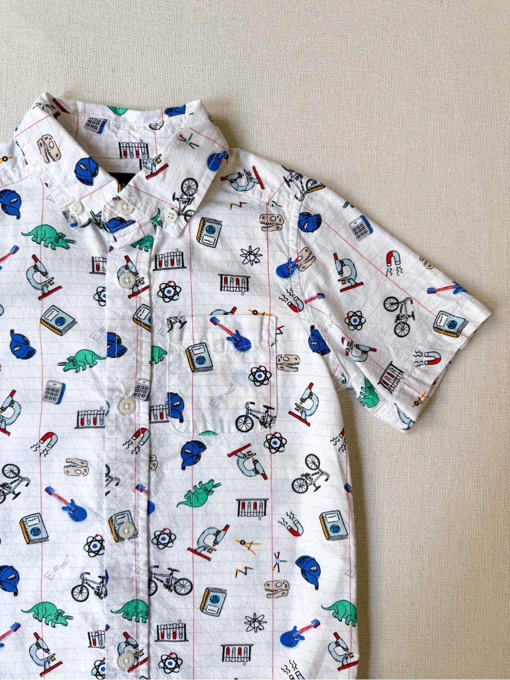 AOP School Science Dinosaur Print Short Sleeve Cotton Button Shirt
